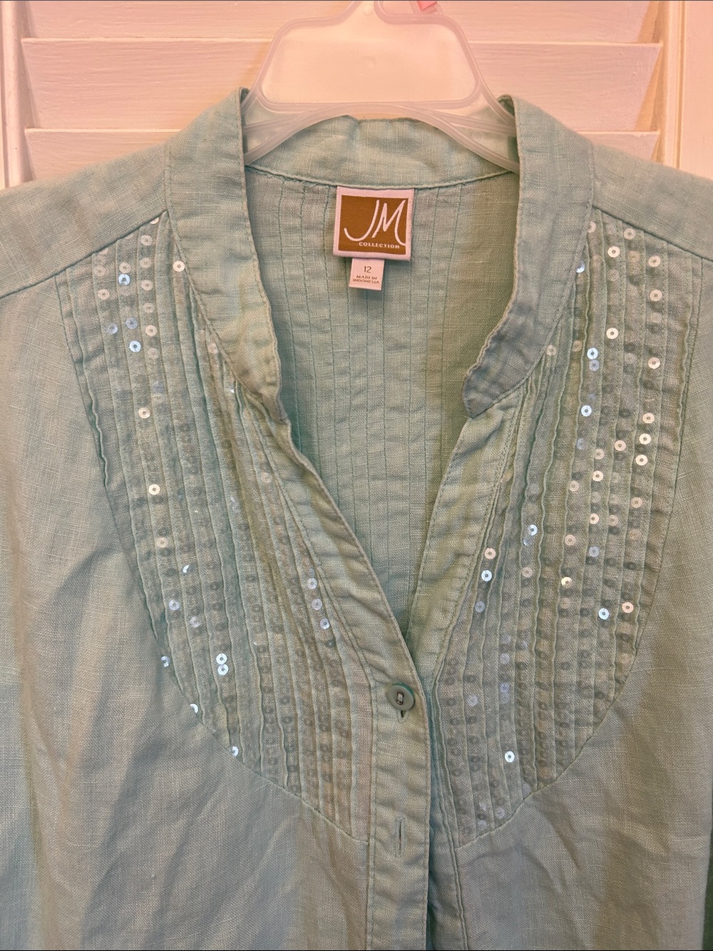 Linen JM Collection Mint Button-Front Pintuck Top with Sequins
